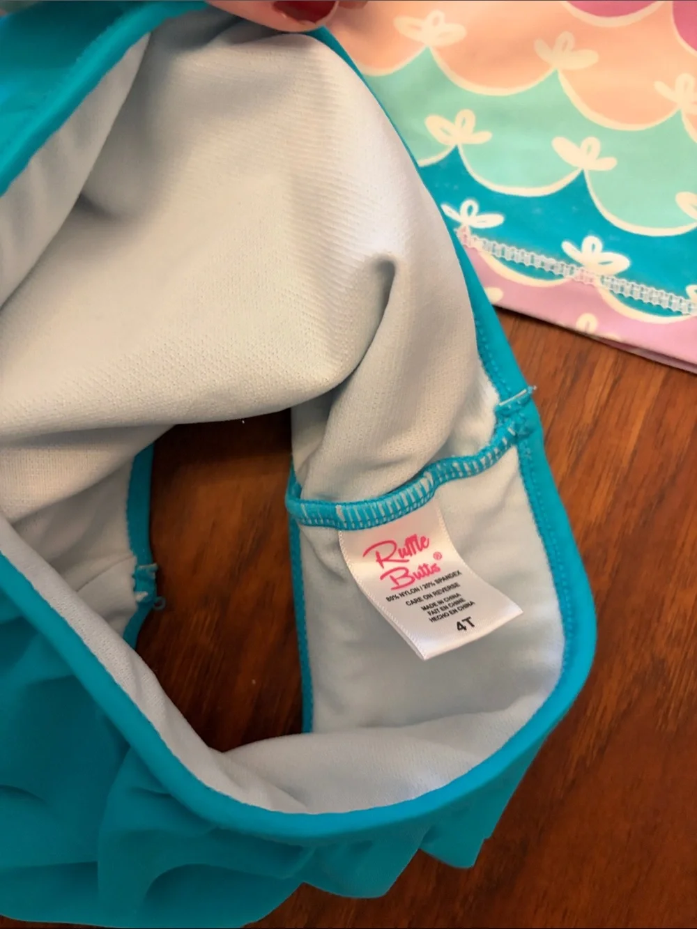 Ruffle Butts-Girls' Long Sleeve Rash Guard Bikini Set - Wave Print & Teal Bottom